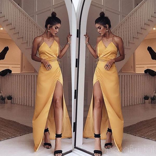 Charming V-neck Spaghetti Strap Yellow Long Prom Dresses Side-slit Gala Dress