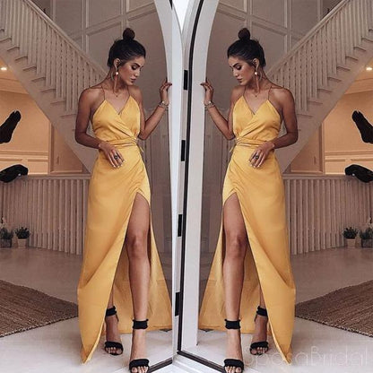 Charming V-neck Spaghetti Strap Yellow Long Prom Dresses Side-slit Gala Dress