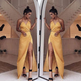 Charming V-neck Spaghetti Strap Yellow Long Prom Dresses Side-slit Gala Dress