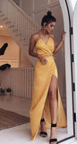 Charming V-neck Spaghetti Strap Yellow Long Prom Dresses Side-slit Gala Dress