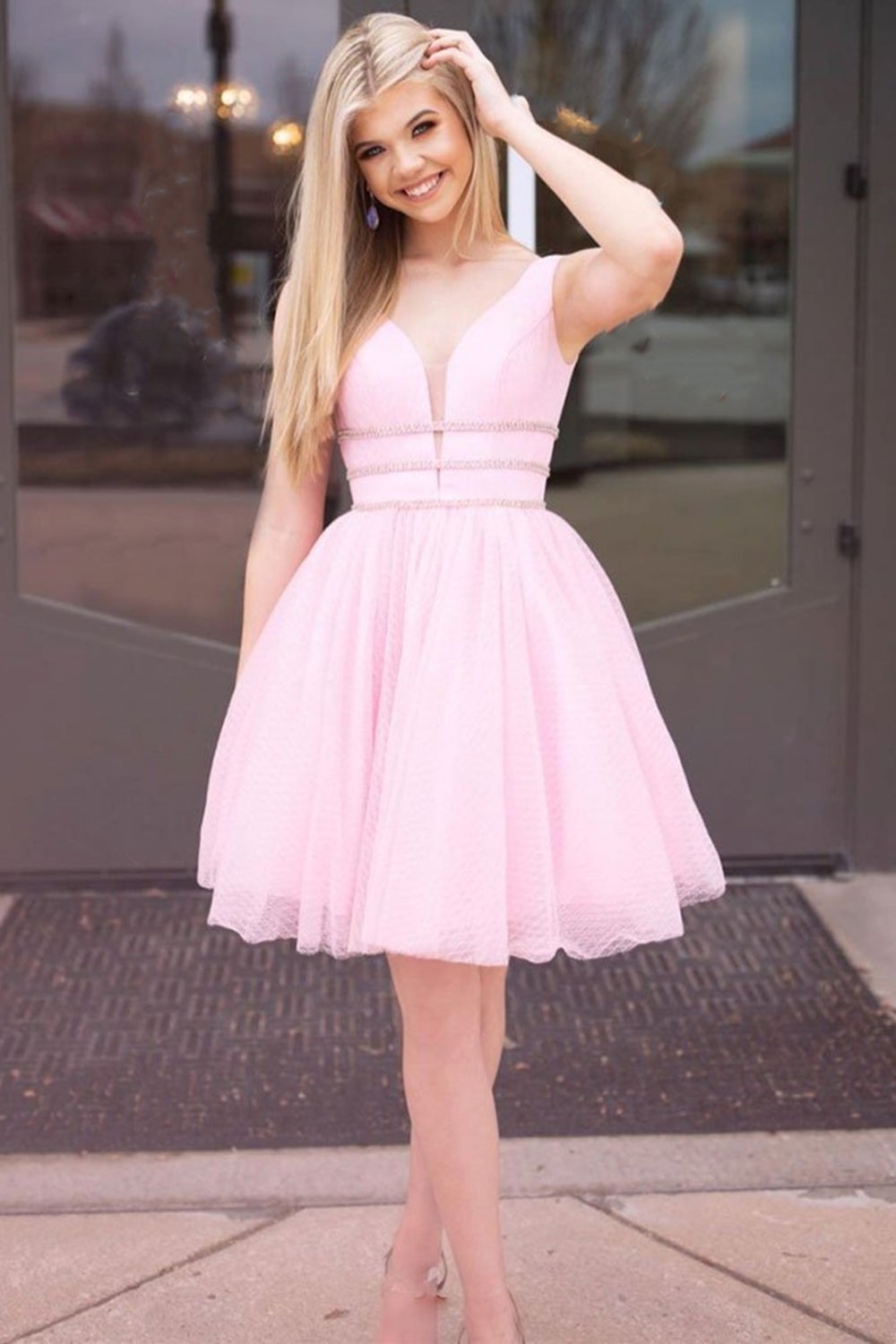 Cute V Neck Pink Short Prom Dress with Belt, V Neck Pink Homecoming Dress, Pink Formal Evening Dress
