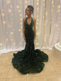 Modern Green Mermaid V-Neck Prom Dresses Sequin Evening Gowns
