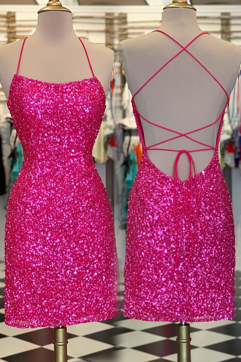Neon Pink Sequin Bodycon Mini Homecoming Dresses