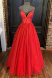Spaghetti Straps A-line Red Shiny Prom Gown,Long Prom Dresses