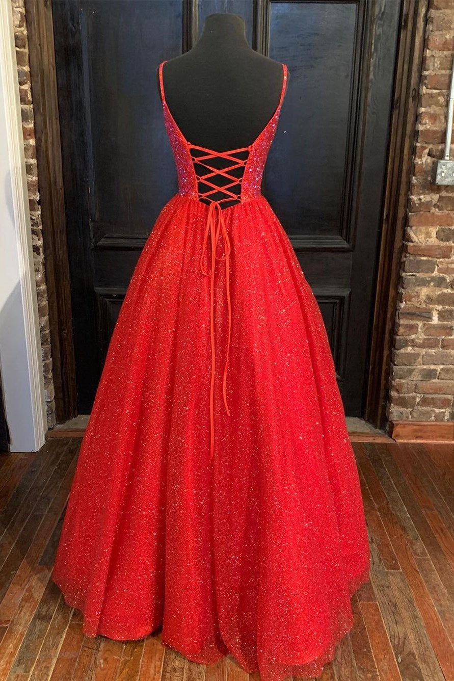 Spaghetti Straps A-line Red Shiny Prom Gown,Long Prom Dresses  jkprom