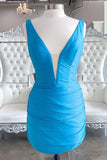 Simple Blue V Neck Bodycon Mini Dress Party Gowns
