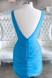Simple Blue V Neck Bodycon Mini Dress Party Gowns