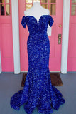 Off the Shoulder Royal Blue Sequins Mermaid Long Formal Dress,Prom Dresses
