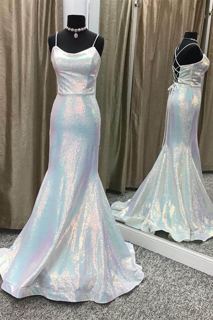 Shiny Spaghetti Straps Mermaid Sequin Long Prom Dresses