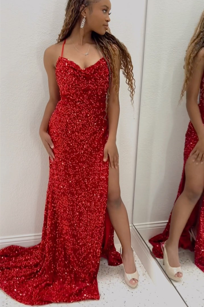 Red Sequin Mermaid Side Slit Long Formal Dress,Evening Gowns