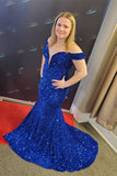 Off the Shoulder Royal blue Sequin Mermaid Long Prom Dresses