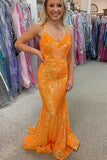 Sparkle Orange Sequin Mermaid Long Formal Dress Prom Gown