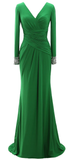 Women Long Mother of Bride Dresses Green Grey Long Sleeve V Neck Evening Dress