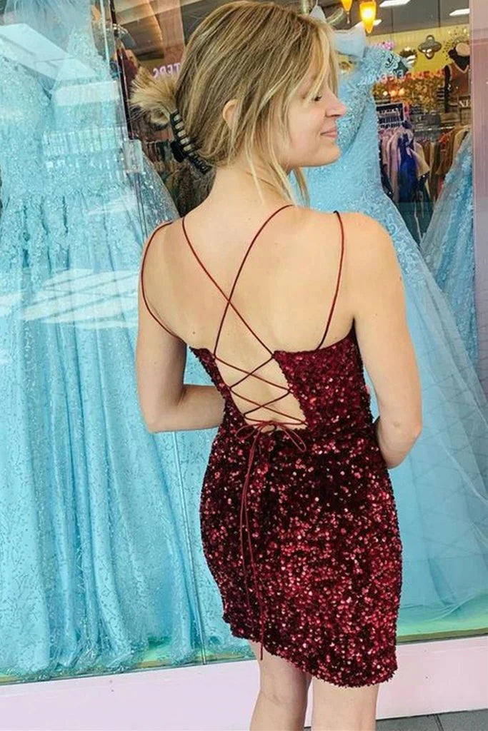 Burgundy-Spaghetti-Strap-V-Neck-Sequins-Formal-Mini-Dresses