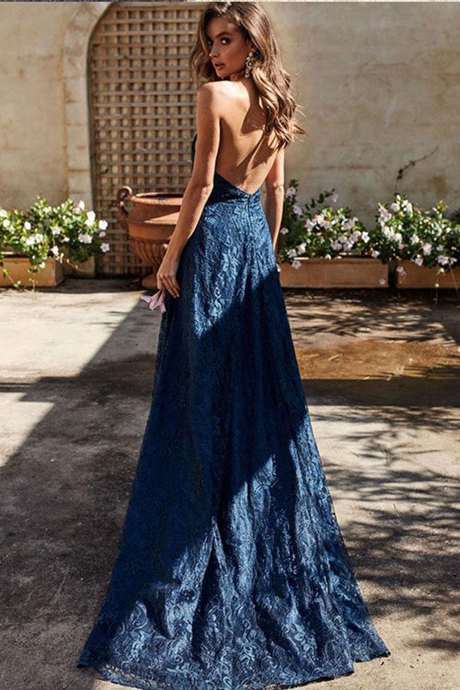 Dark Blue Lace Long Prom Dress,Formal Dresses V-neck Backless Evening Dress