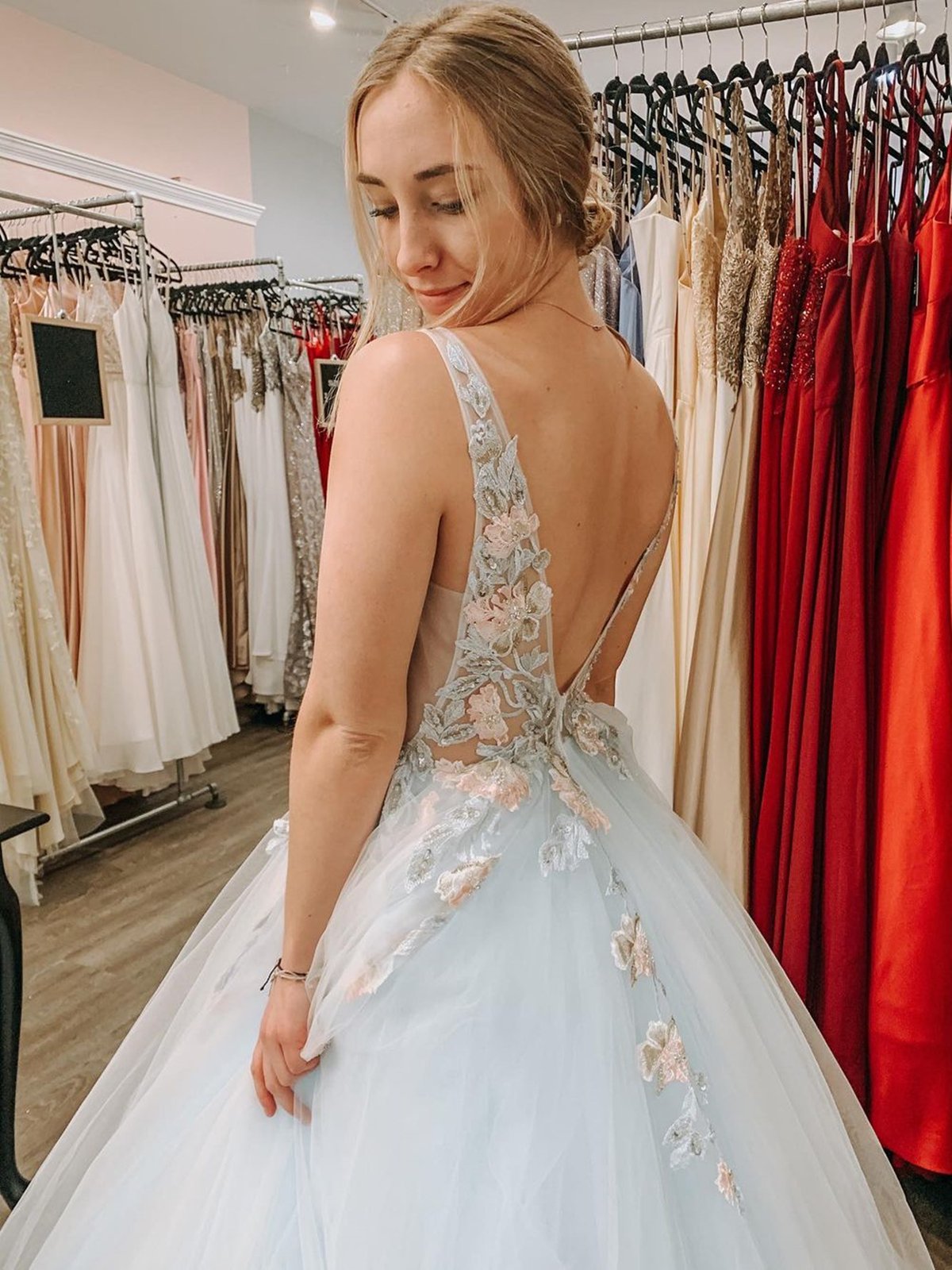 Floral Appliques Long Prom Dresses V-neck Graduation Gown GP112 – jkprom