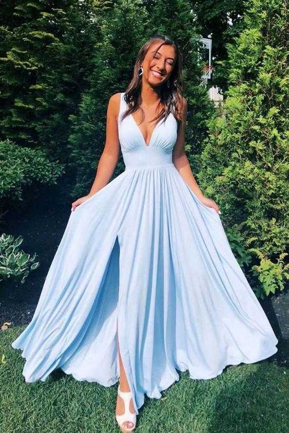 Deep V Neck Light Blue Long Prom Dresses, Simple Flowy Bridesmaid Dresses