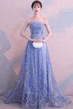 Dusty Blue Tulle A-Line Long Prom Dress With Beading, Strapless Evening Gown