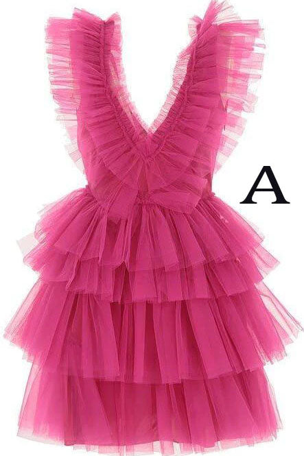 A Line Pink V Neck Tiered Homecoming Dress,Tulle Short Prom Party Dresses