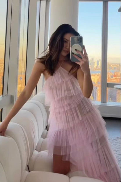 New Style Halter Ruffles Tulle Prom Dresses with Slit,Charming Long Party Dress