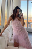 New Style Halter Ruffles Tulle Prom Dresses with Slit,Charming Long Party Dress