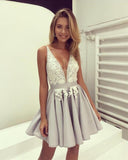 Silver Satin V Neck Homecoming Dresses Lace Appliques Prom Short Dress