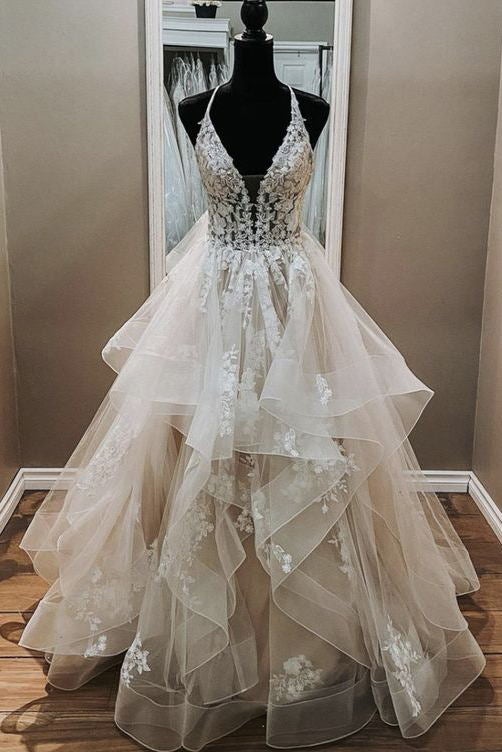 Elegant A-line V Neck Backless Appliques Tulle Lace Wedding Dresses,Bridal Gown