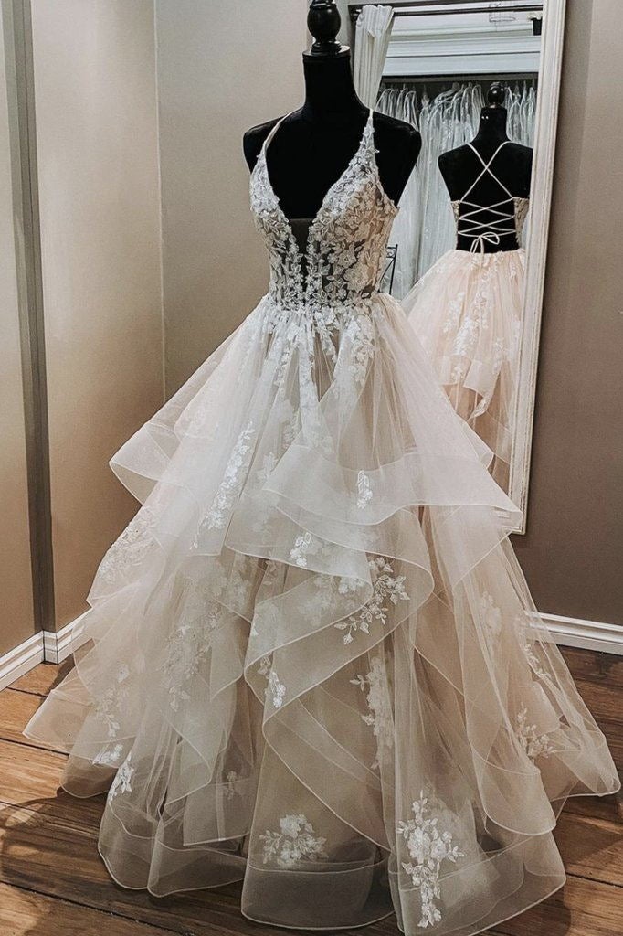 Elegant A-line V Neck Backless Appliques Tulle Lace Wedding Dresses,Bridal Gown