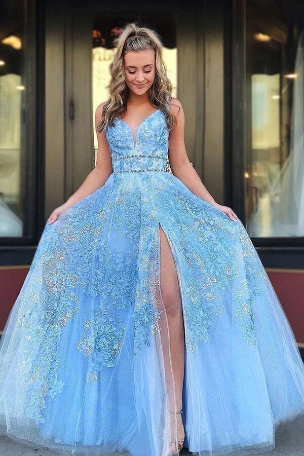 Elegant Blue A-line V-neck Lace Appliques Prom Dresses, Evening Dresses