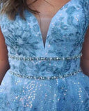 Elegant Blue A-line V-neck Lace Appliques Prom Dresses, Evening Dresses