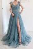 Elegant Open Back Dusty Blue Lace Long Prom Dress with High Slit, Long Dusty Blue Lace Formal Graduation Evening Dresses