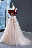 Elegant Straps Tulle with Velvet Red Long Prom Formal Dress,Maxi Dresses
