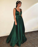 Emerald Green Satin V-neck Prom Dresses Long Backless Evening Gowns