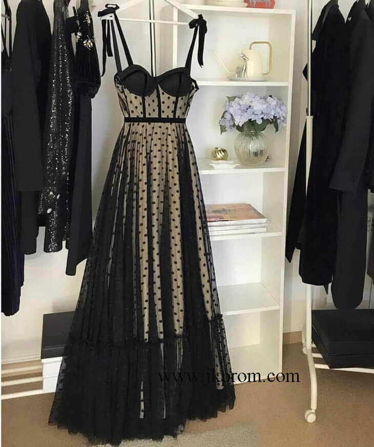 Spaghetti Strap Polka Dot Black and Champagne Prom Dresses,Wedding Party Dress