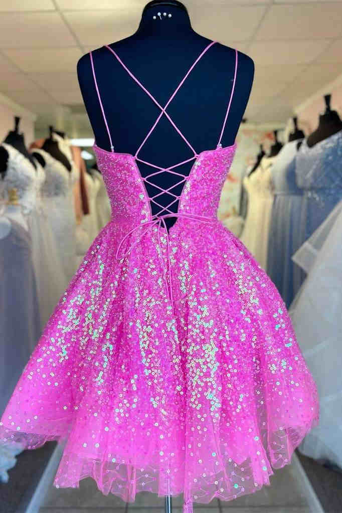 Cute-Hot-Pink-Sequins-A-Line-Homecoming-Dress-Hoco-Night-Dresses