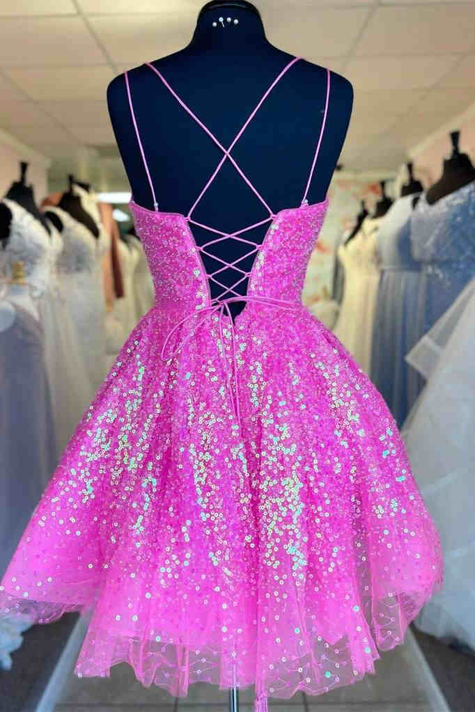 Cute Hot Pink Sequins A-Line Homecoming Dress Hoco Night Dresses jkprom Cute Hot Pink Sequins A-Line Homecoming Dress Hoco Night Dresses jkprom