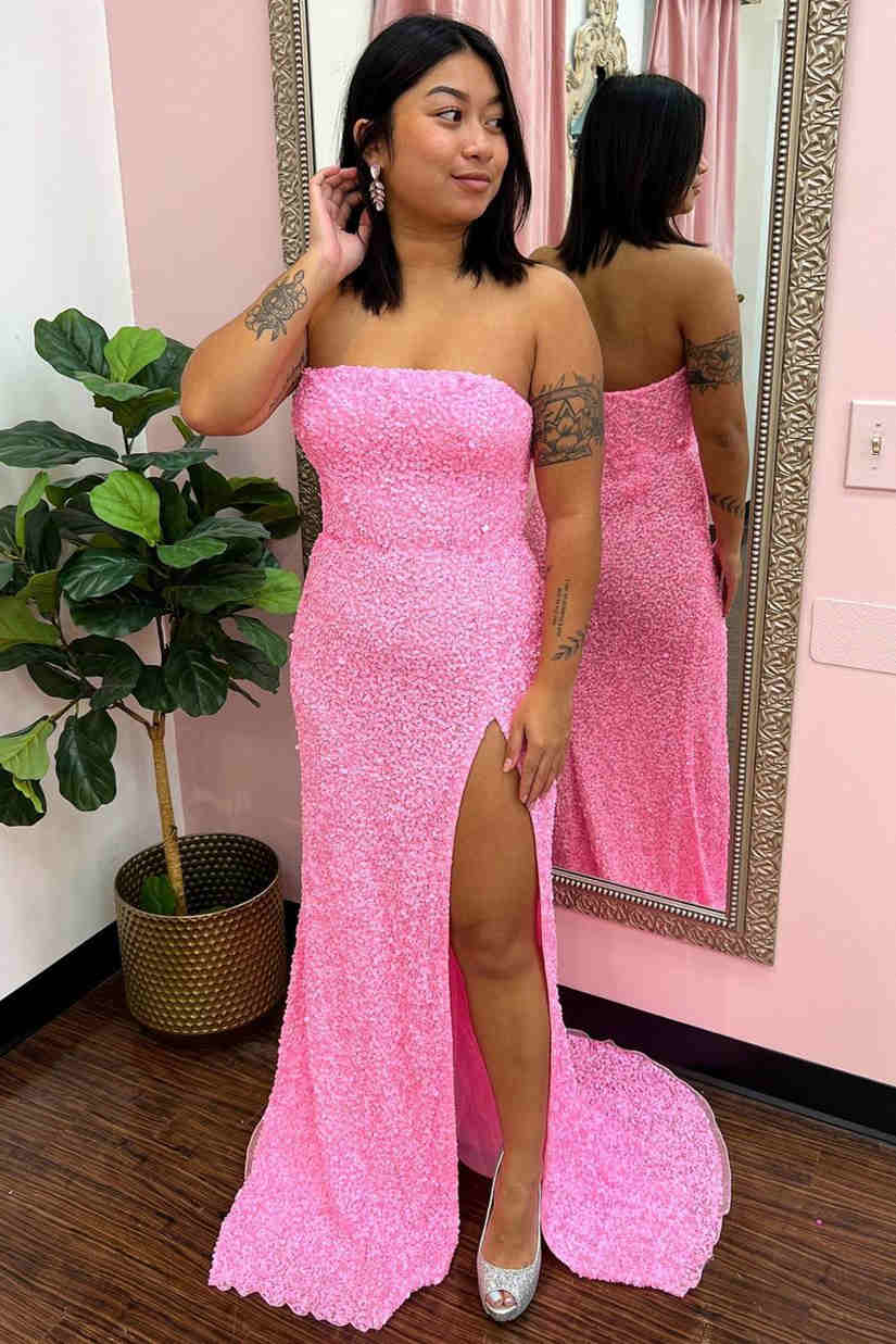 Strapless Pink Sequins Prom Dress with Slit,Sparkly White Night Dresses Party Event