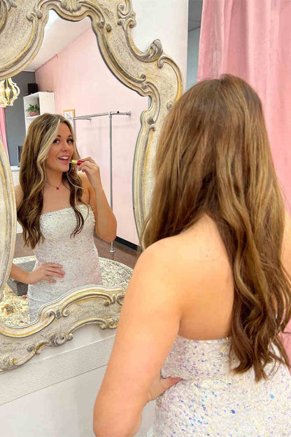 Strapless Pink Sequins Prom Dress with Slit Mermaid Graduation Dresses