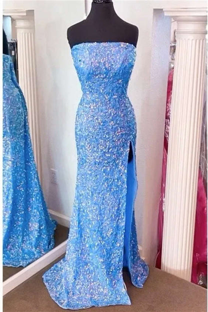 Strapless Pink Sequins Prom Dress with Slit Mermaid Graduation Dresses