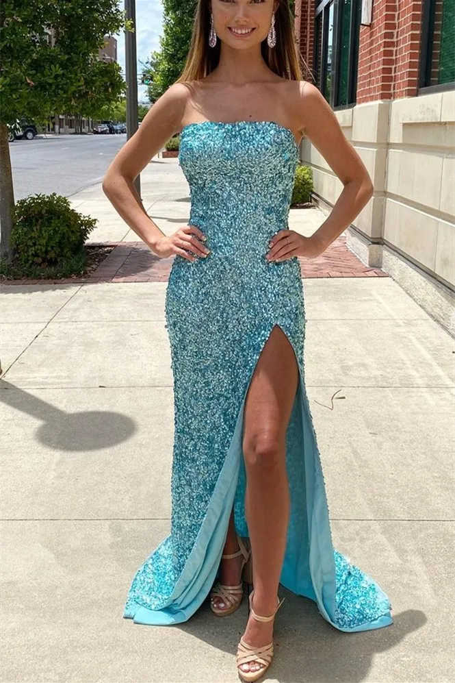 Strapless Pink Sequins Prom Dress with Slit Mermaid Graduation Dresses