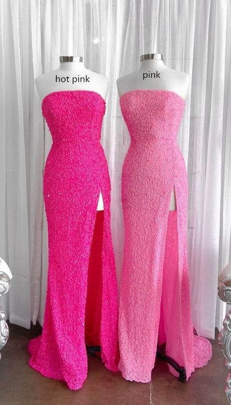 Strapless Pink Sequins Prom Dress with Slit Mermaid Graduation Dresses