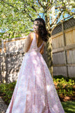 Glitter V-Neck White A-Line Prom Dress with Pockets,Pink Graduation Dresses