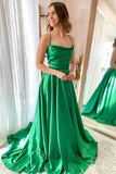 Cowl Neck Green Satin A-Line Formal Dress with Slit,Unique Prom Gown