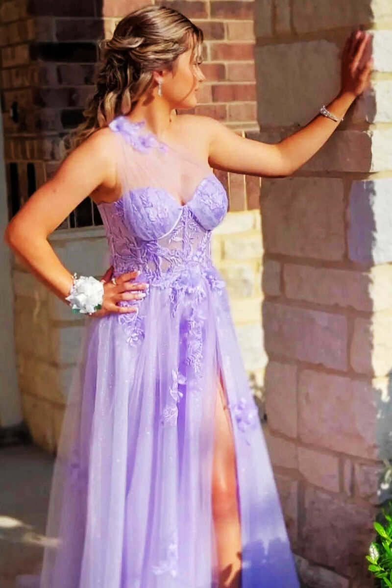 Sweetheart One Shoulder Lavender Prom Dress with Flowers,Split Graduation Dresses
