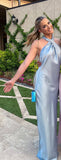 Cross Front Halter Champagne Floor Length Bridesmaid Dress