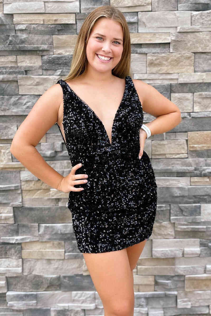 Sparkly V-Neck Backless Black Sequins Mini Homecoming Dress – jkprom