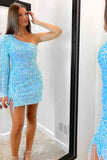 Long Sleeve Fringe Light Blue Mini Homecoming Dress,Pink Bodycon Dresses