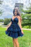 Shiny A-Line Black Tiered Tulle Short Homecoming Dresses,Red Navy Blue Cocktail Dress