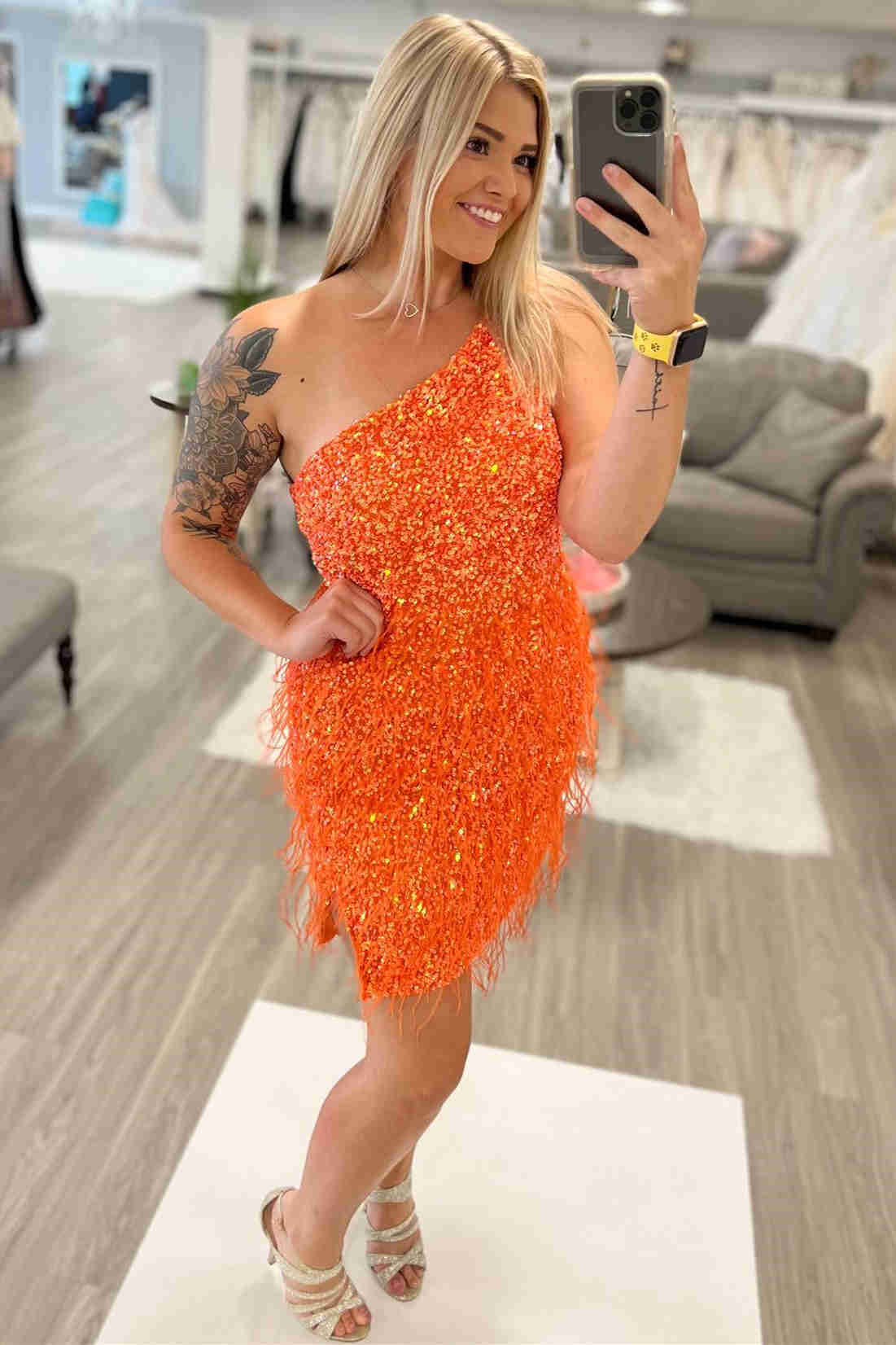Sequined-Orange-Mini-Homecoming-Dresses