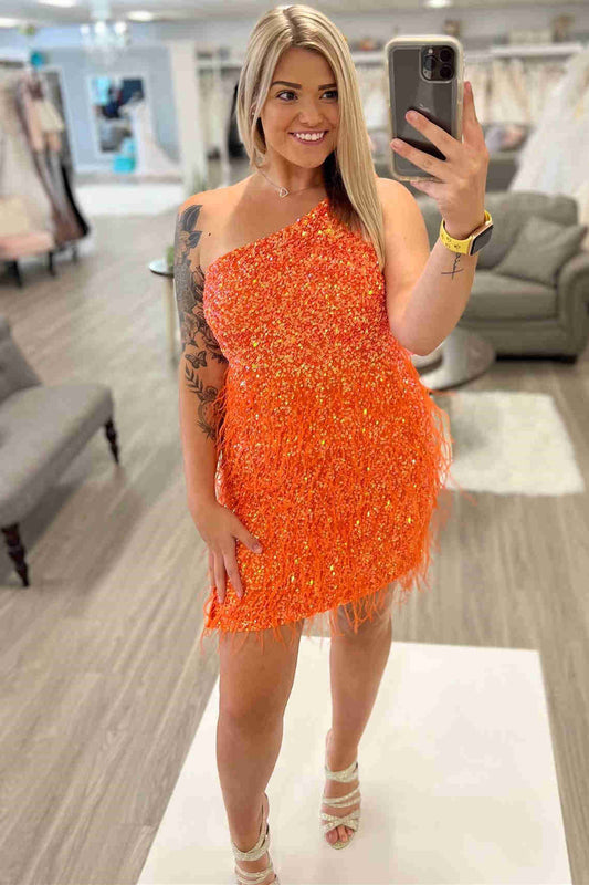 Sequined-Orange-Mini-Homecoming-Dress-with-Feather